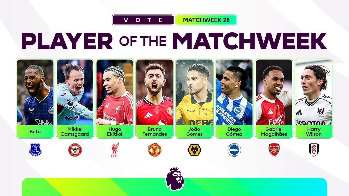 英超第28轮最佳球员候选：埃基蒂克、B费、加布里埃尔在列